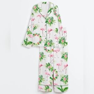 NWT Women's Pink Flamingo Long Sleeve Satin Pajama, Size M